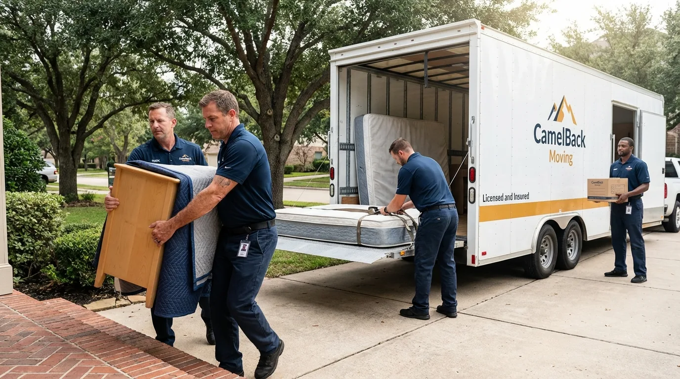 Crew loading residential truck for cross-state move from Fredericksburg, TX