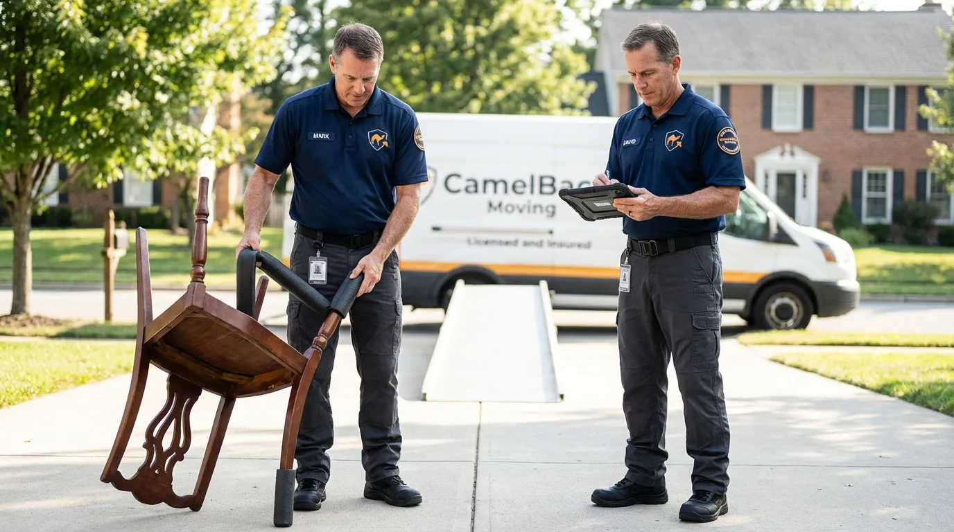 Movers inspecting furniture for damage prevention before loading in Fredericksburg, TX