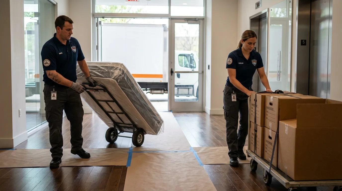 Professional apartment movers loading elevator in Fredericksburg, TX